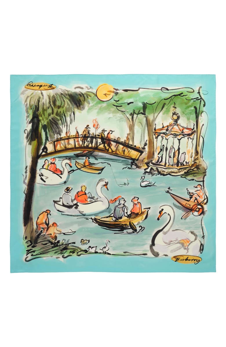Burberry Swan Lake Watercolor Square Silk Scarf, Alternate, color, Skylight Blue