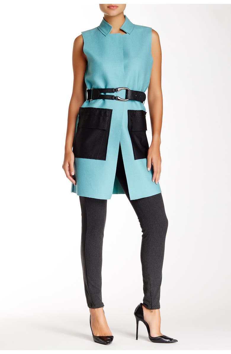 GRACIA Faux Leather Trim Wool Blend Longline Vest, Alternate, color, 