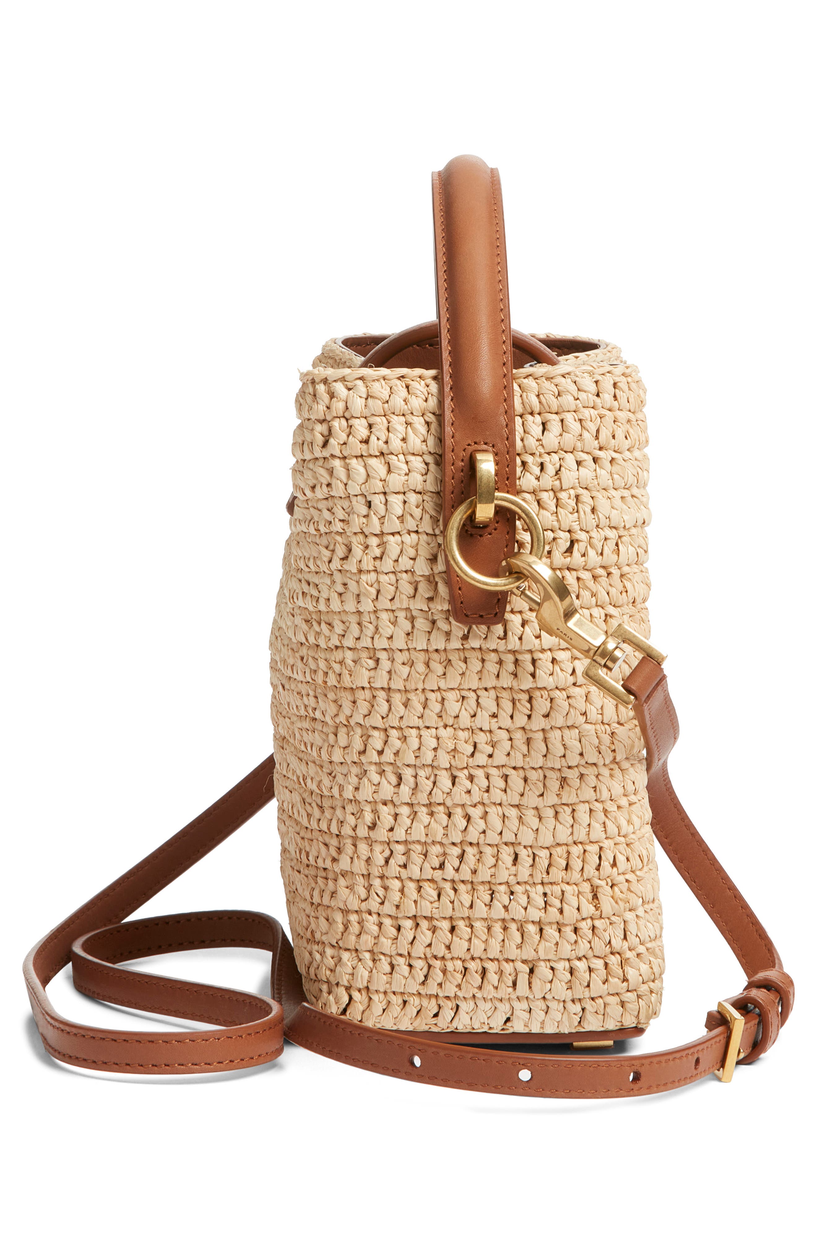 Saint Laurent Mini Le 37 Raffia Bucket Bag, Alternate, color, Naturel/ Brick