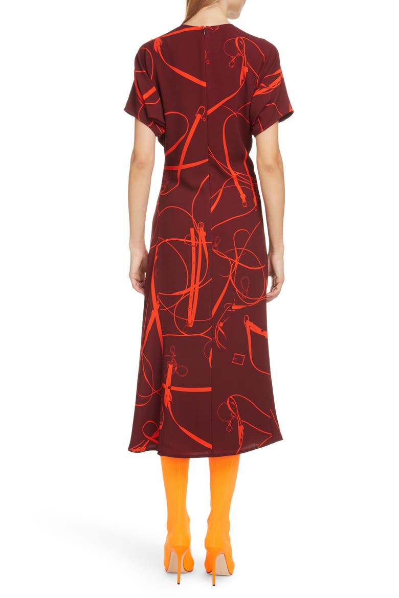 Bridle Print Crepe Midi Dress, Alternate, color, BORDEAUX/ ORANGE
