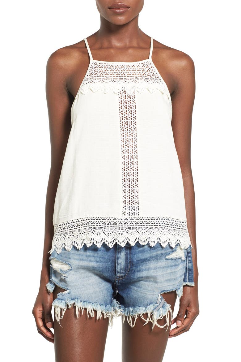 ASTR High Neck Crochet Trim Tank, Main, color, VINTAGE CREAM