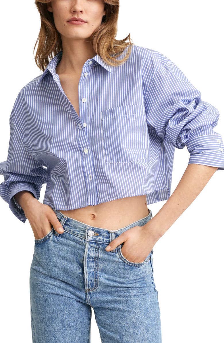 MANGO Stripe Cotton Blend Crop Shirt, Main, color,