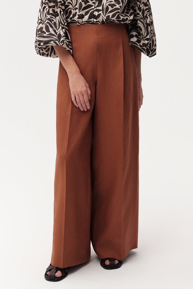 Clarette Wide Leg Linen Trousers, Alternate, color, Brown