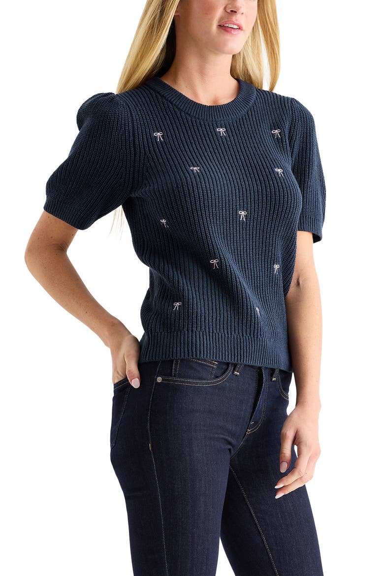 Bow Embroidered Short Sleeve Sweater, Alternate, color, DRESS BLUES