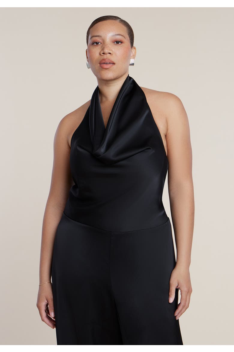 Halter Cowl Neck Satin Jumpsuit, Alternate, color, BLACK ONYX
