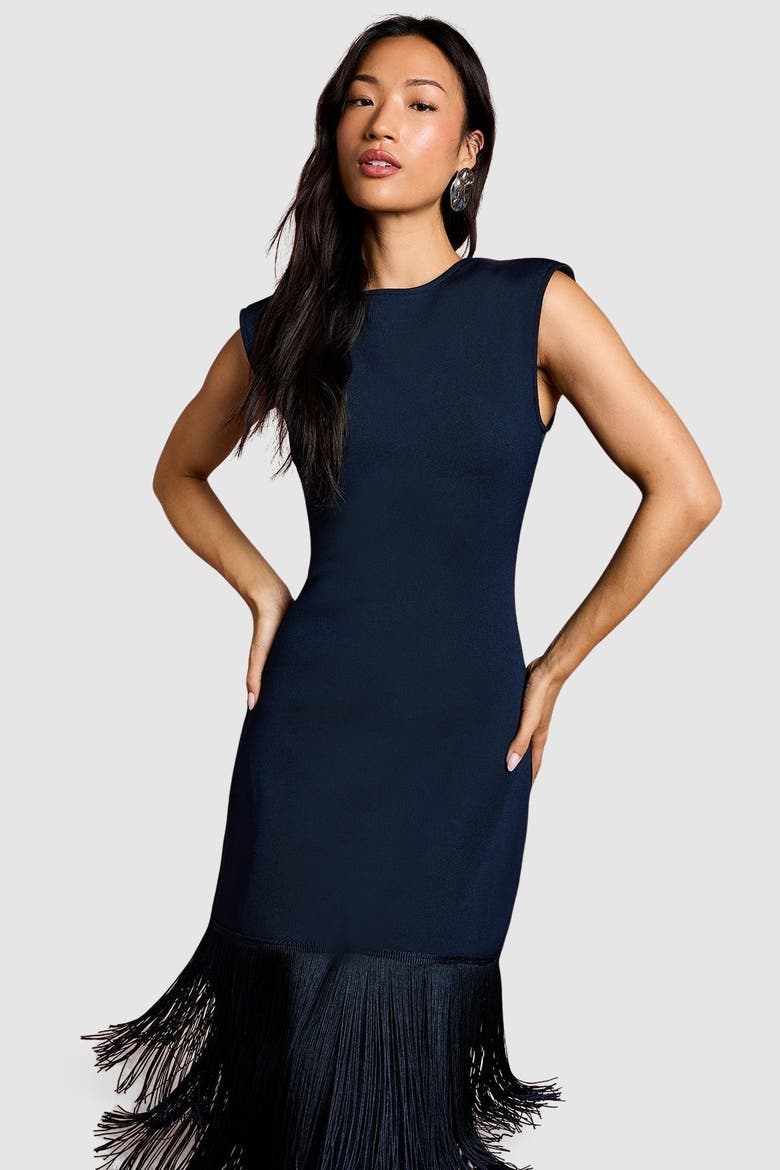 Bandage Knit Fringed Hem Midi Dress, Alternate, color, Navy