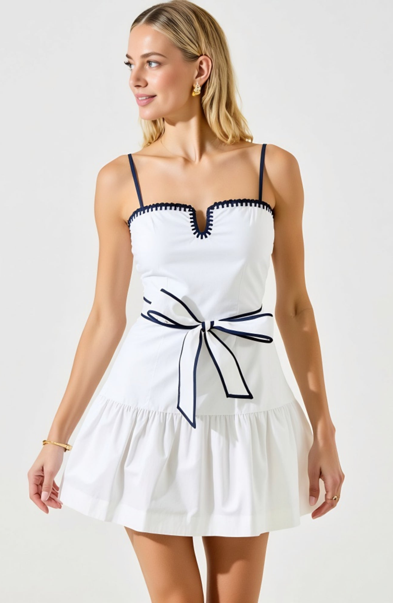 Modenaire Contrast-Trim Spaghetti Strap Waist-Tie Bow Mini Dress, Alternate, color, White / Navy Blue