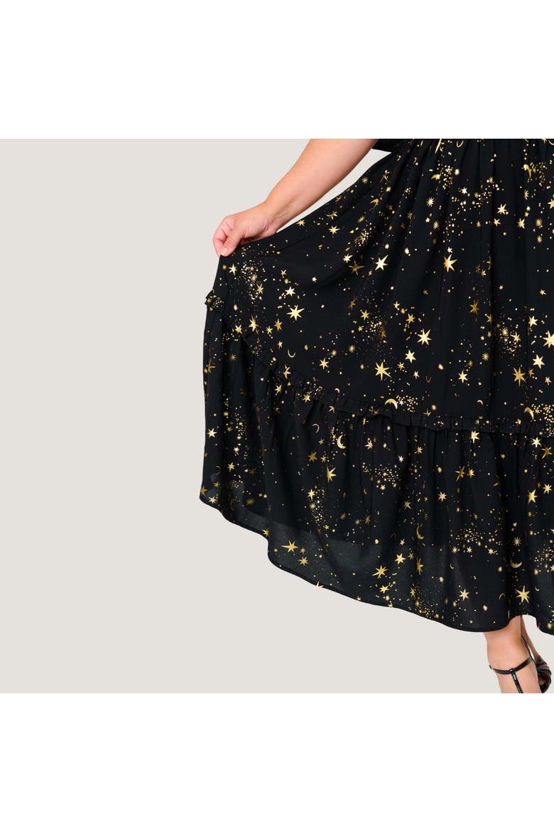 Plus Size Smocked Bodice Midi Dress, Alternate, color, Black w/ Gold Stars