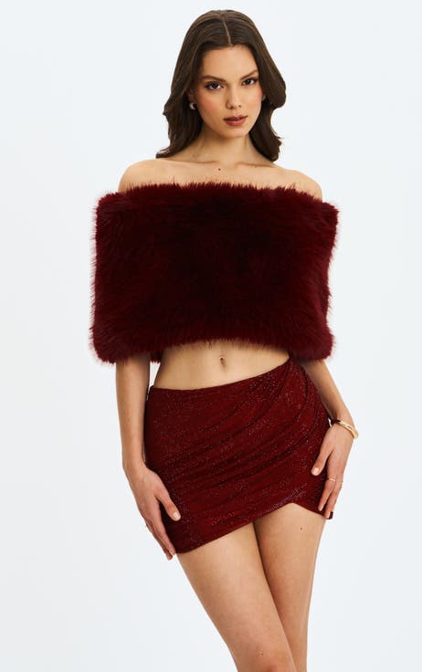 Darla Faux Fur Off-Shoulder Cropped Top