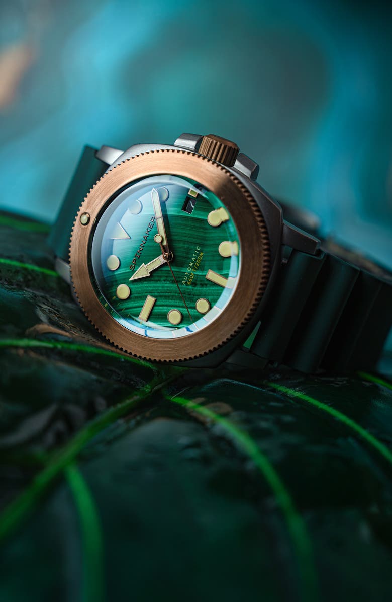 SPINNAKER Hull Titanium Bronze Automatic Lapidary Malachite Silicone Strap Watch, 42mm, Alternate, color, 