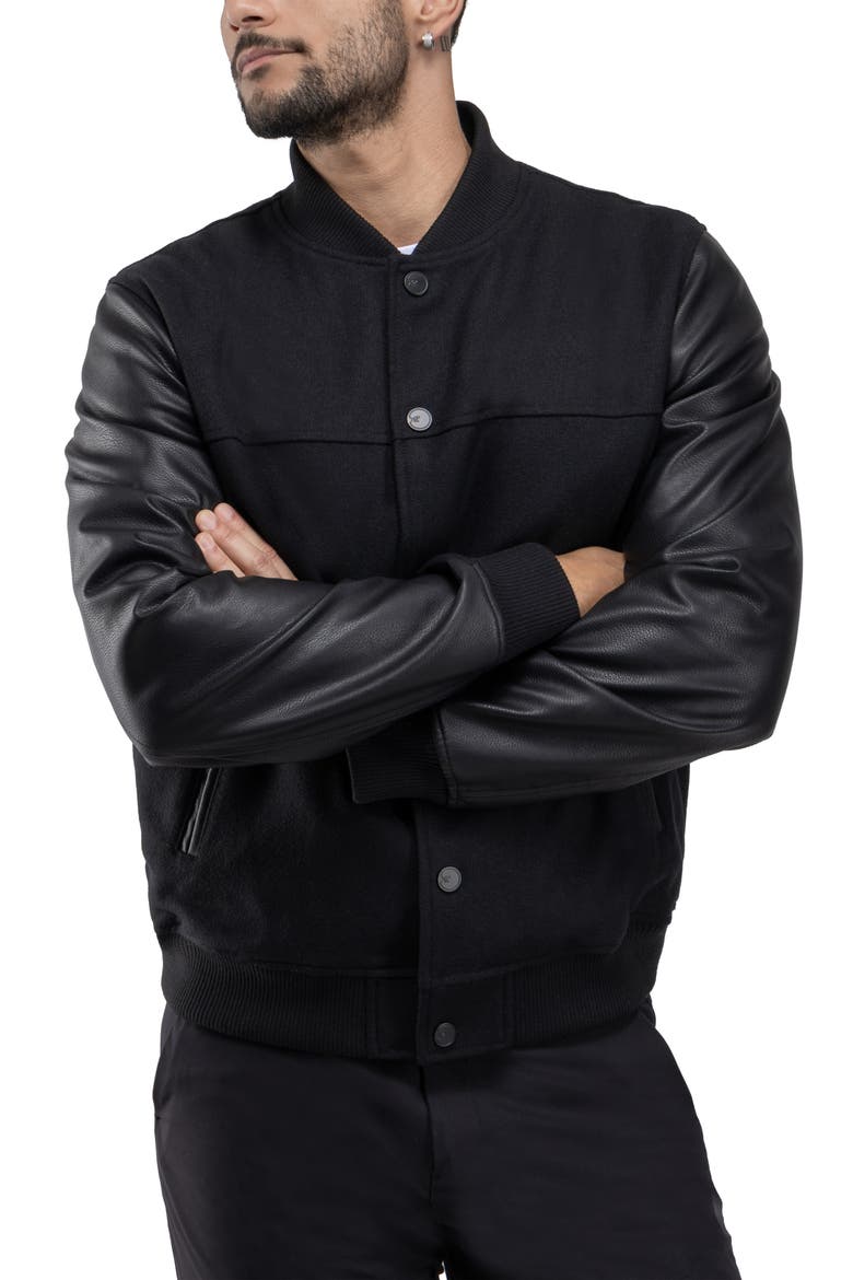 Mixed Media Faux Leather Bomber Jacket, Alternate, color, BLACK/ BLACK