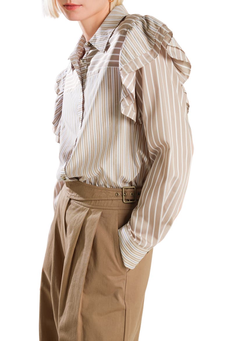 Striped Ruffle Shoulder Button-Front Shirt, Alternate, color, TAUPE