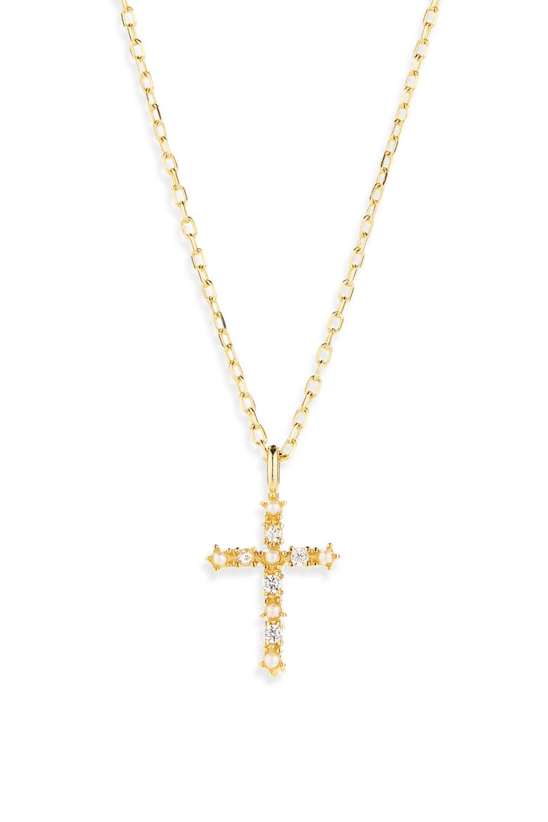 Imitation Pearl and Cubic Zirconia Cross Pendant Necklace, Alternate, color, GOLD