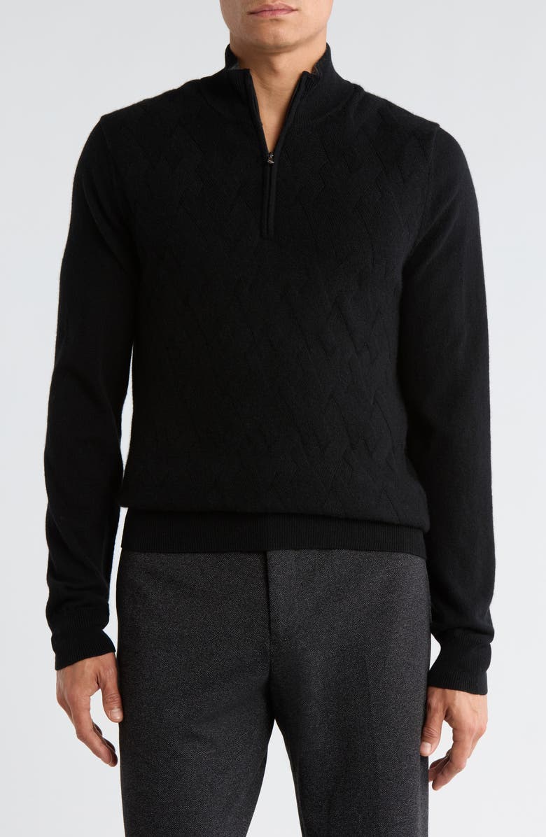 Amicale Jacquard Cashmere Quarter Zip Sweater, Main, color, Black