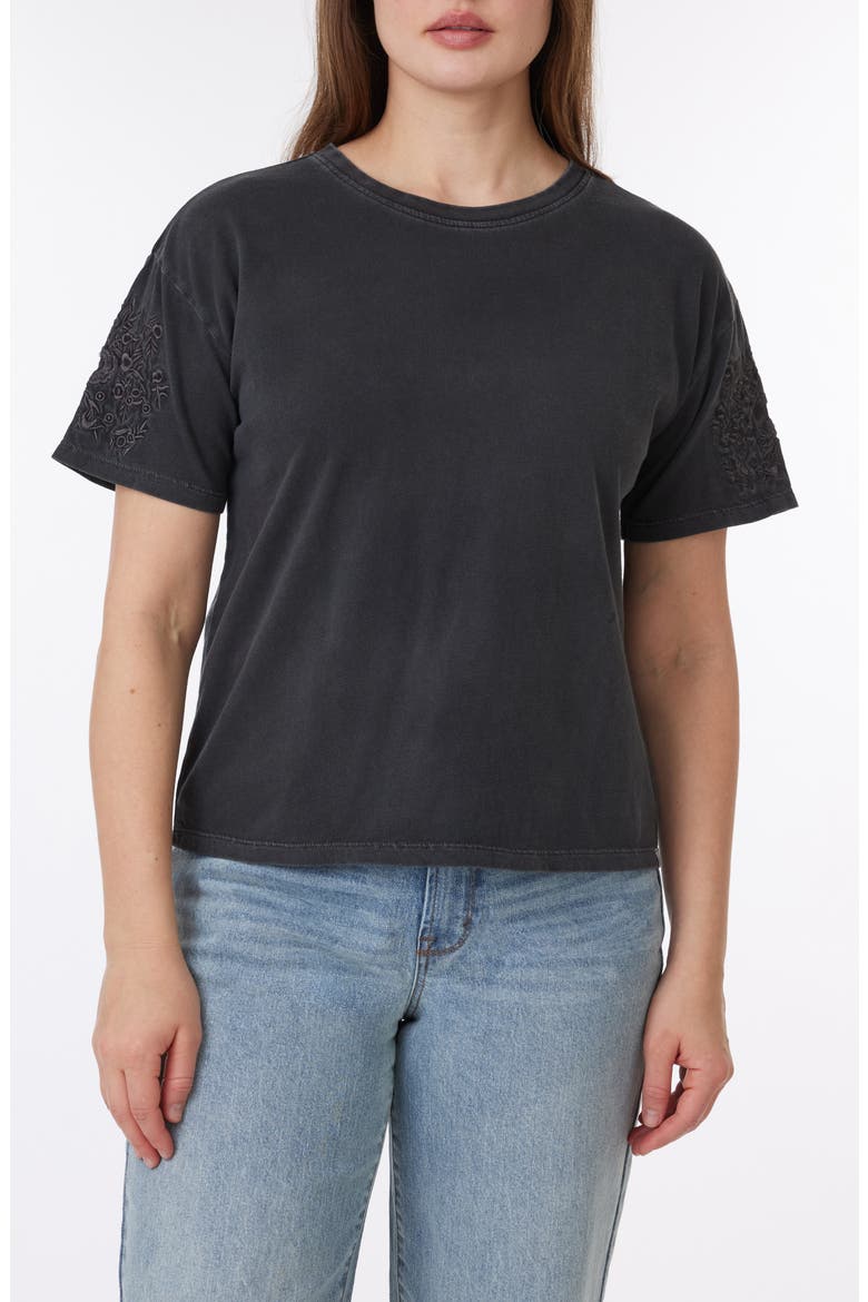 Toni Floral Embroidered Sleeve Boxy Cotton T-Shirt, Main, color, BLACK SAND
