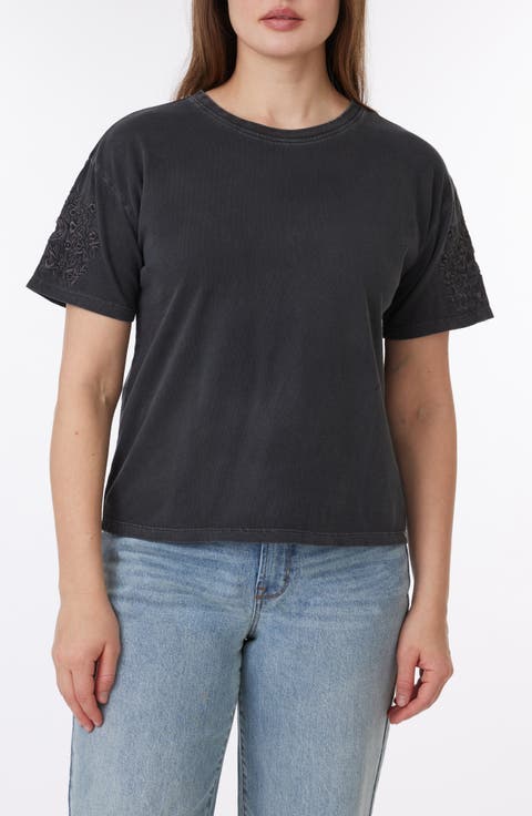 Toni Floral Embroidered Sleeve Boxy Cotton T-Shirt