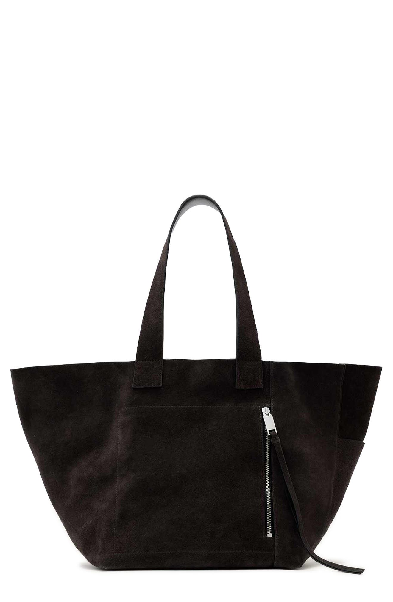 AllSaints Alba Suede East/West Tote, Main, color, Bitter Brown