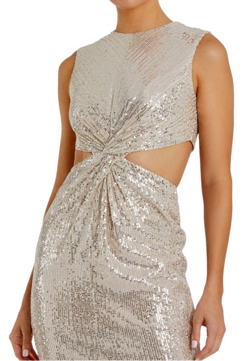 Mac Duggal Sequin Front Twist Cut Out Column Dress In Nude