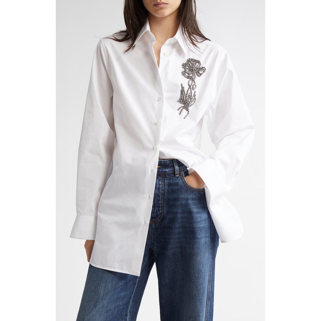 Stella Mccartney Crystal Floral Embellished Button-up Shirt In Pure White