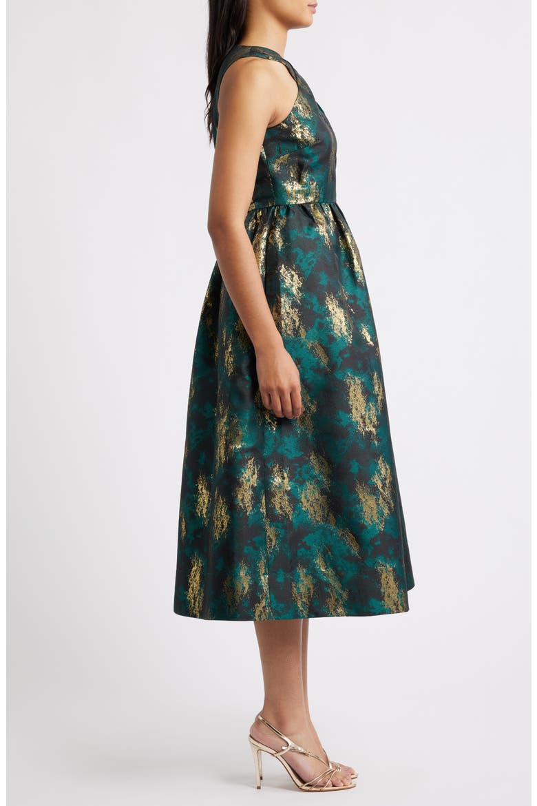 Metallic Crossover Neck Brocade Dress, Alternate, color, MIDNIGHT PINE MULTI