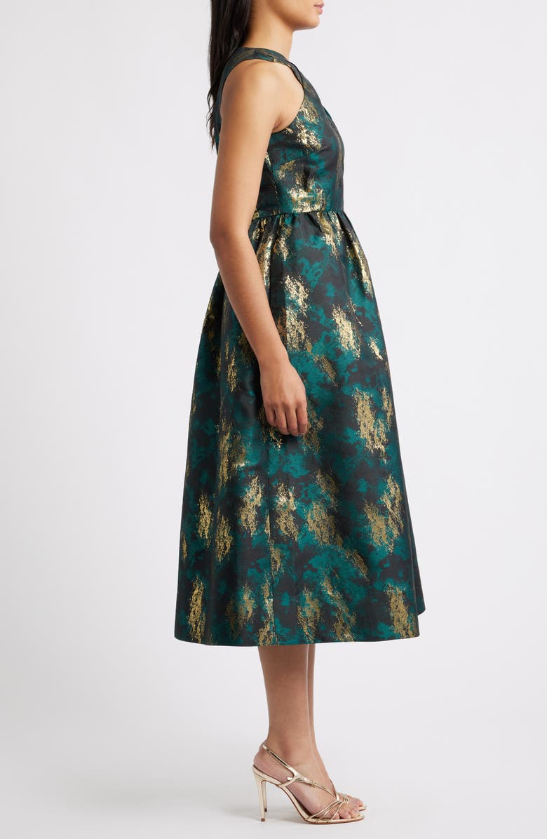 Anne Klein Metallic Crossover Neck Brocade Dress, Alternate, color, Midnight Pine Multi