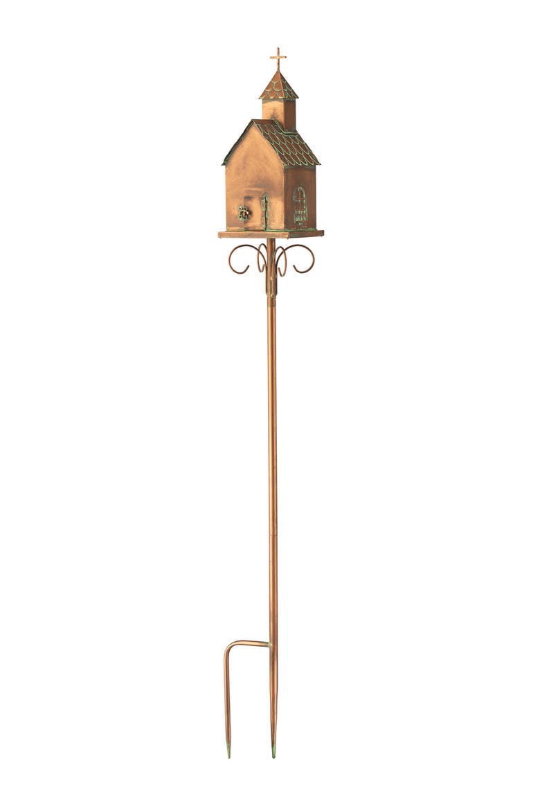 Farmhouse Faux Copper 2-Tiered Metal Decorative Garden Birdhouse with Stake, Alternate, color, Gold