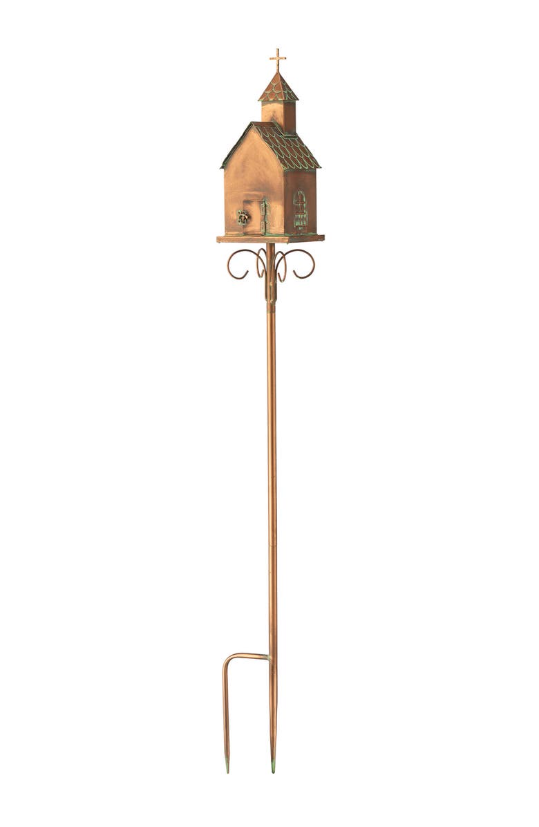 Glitzhome Farmhouse Faux Copper 2-Tiered Metal Decorative Garden Birdhouse with Stake, Alternate, color, Gold