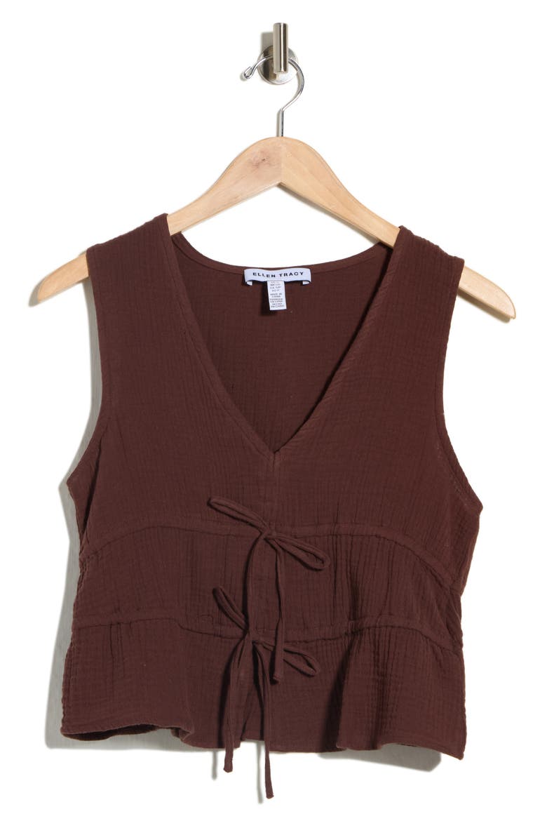 Tie Front Cotton Gauze Crop Tank, Alternate, color, COFFEE BEAN