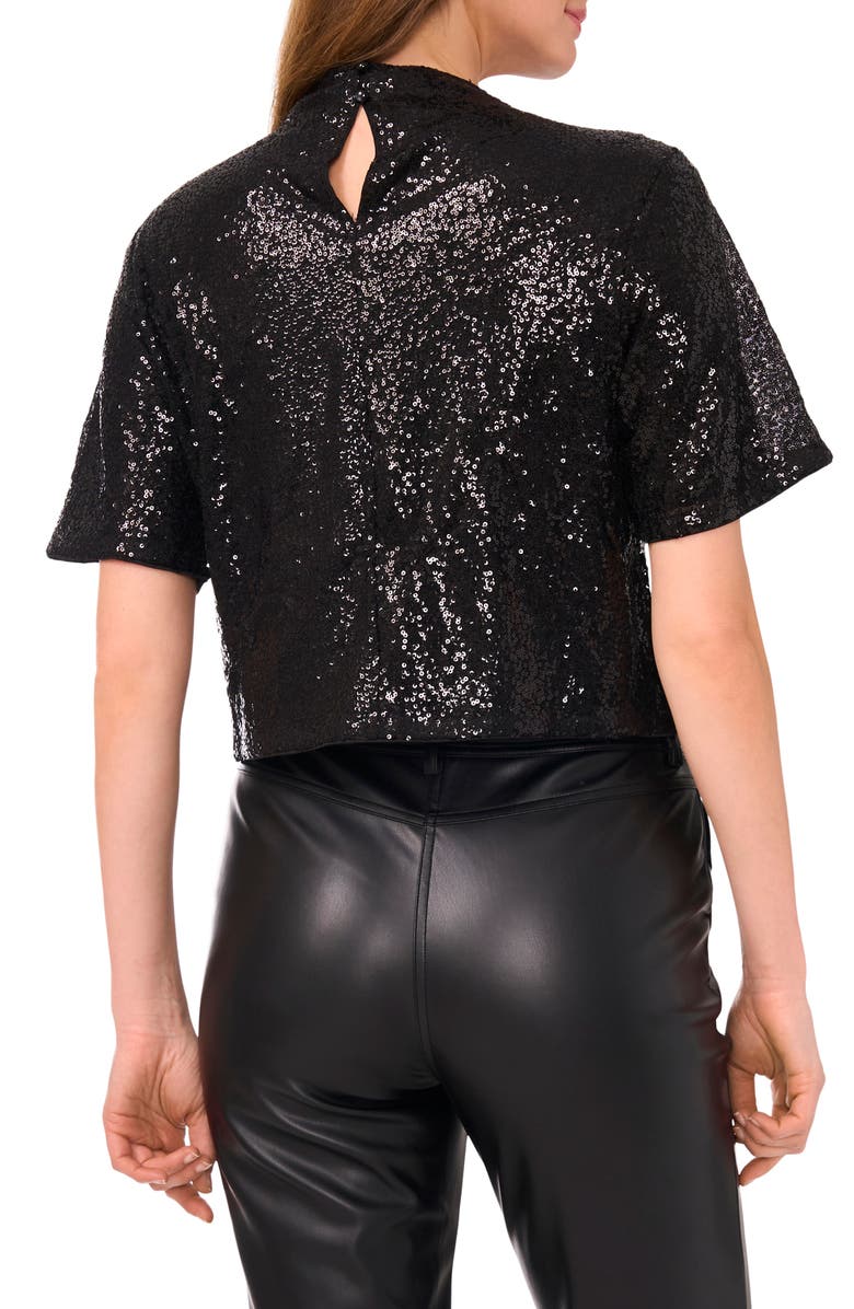 Vince Camuto Sequin Mesh Short Sleeve Top, Alternate, color, Rich Black