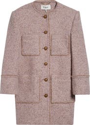 Chloé Fringe Wool Blend Tweed Herringbone Jacket