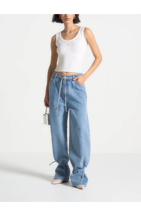 Faye Wide Mid Rise Jeans with Tie Waist