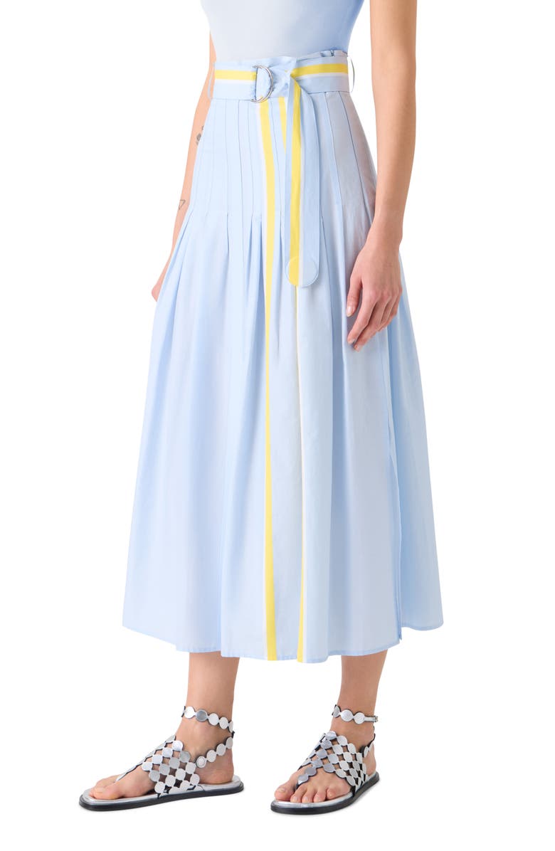 Akris punto Belted Pleated Stripe Chambray Midi Skirt, Alternate, color, Sky Blue-Lemon Zing-Cream
