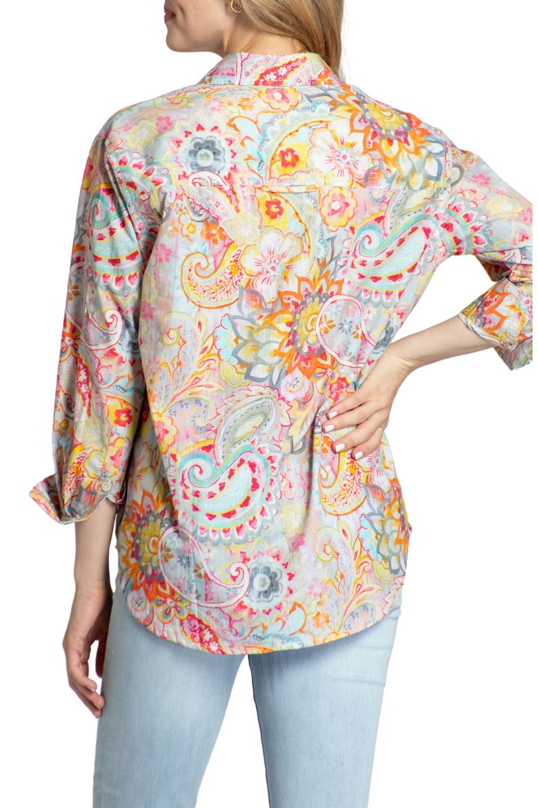 Oversize Feather Print Button-Up Shirt, Alternate, color, ORANGE MULTI