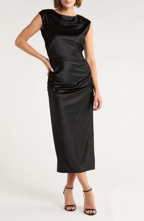Ruched Cap Sleeve Satin Midi Dress