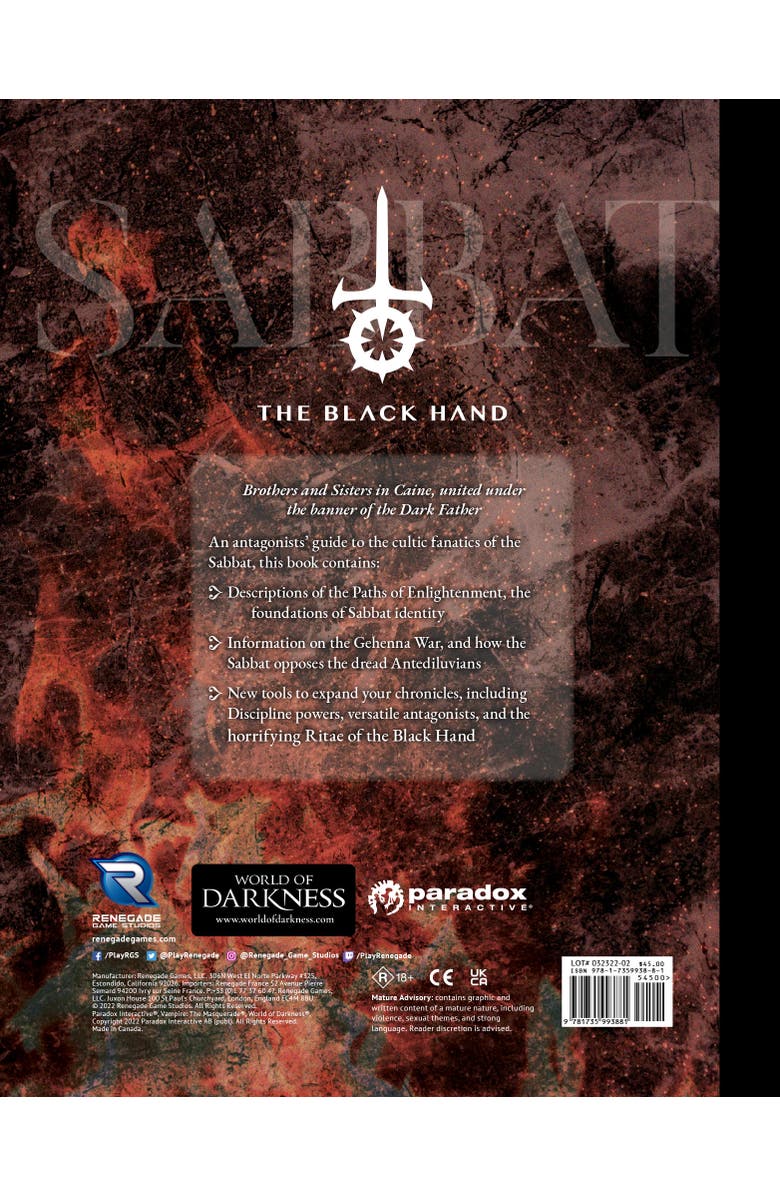 Renegade Game Studios Vampire The Masquerade 5th Edition Roleplaying Game Sabbat The Black Hand, Alternate, color,