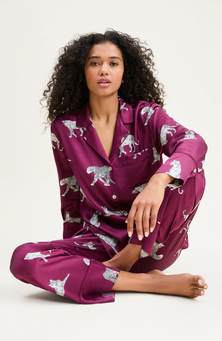 Petite Plume Panthre de Nuit Piped Silk Satin Pajamas, Alternate, color, Red
