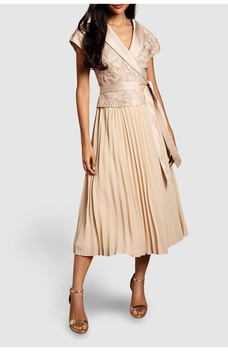 Coast Lace Wrap Top Pleat Tux Midi Dress, Alternate, color, Champagne