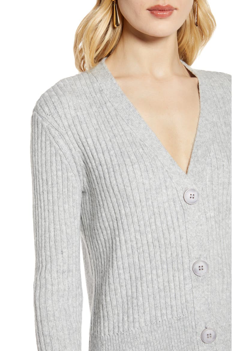 Ribbed V-Neck Cardigan, Alternate, color, GREY LIGHT HEATHER
