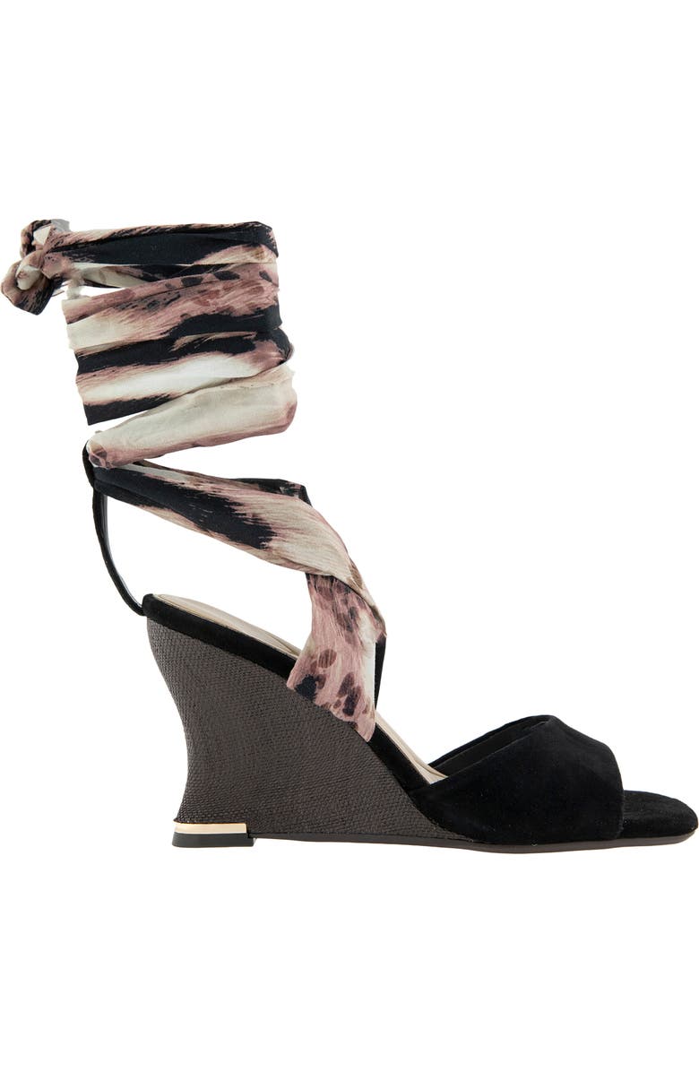 Kenneth Cole Fabia Ankle Wrap Wedge Sandal, Alternate, color, Black/ Brown Suede