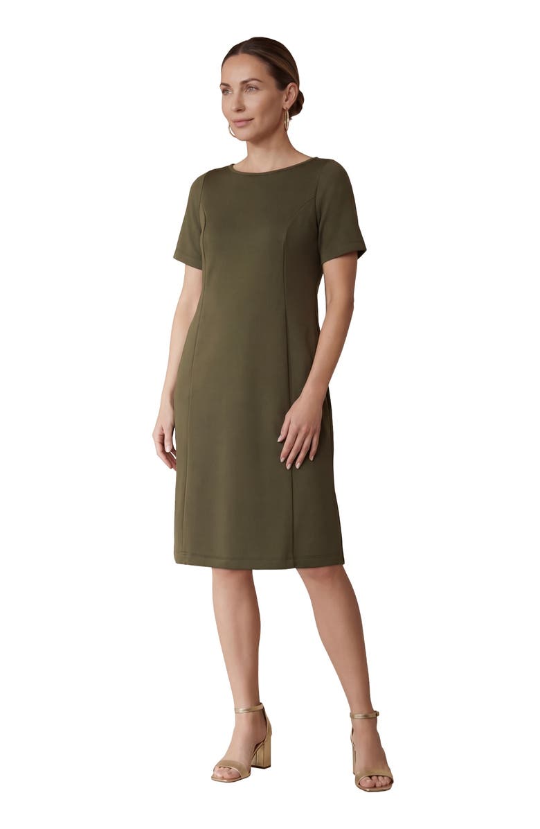 Jessica London Perfect Ease Short-Sleeve Shift Dress, Main, color, Dark Olive Green
