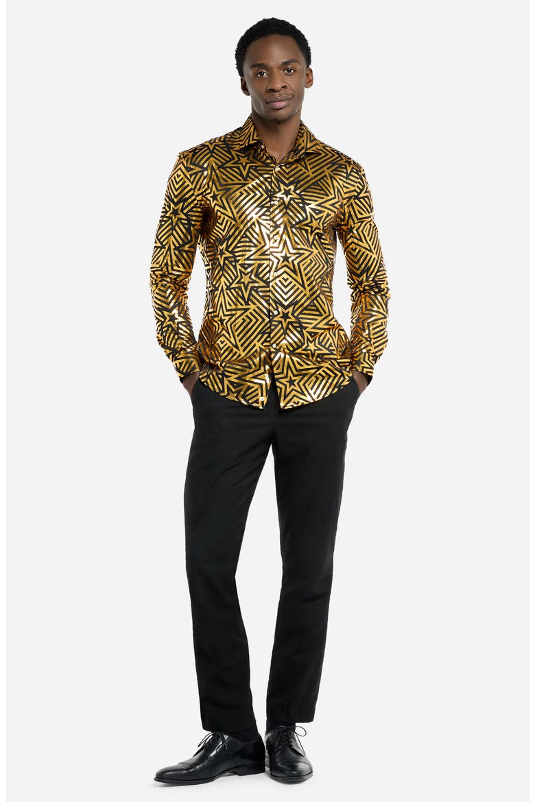 Golden Geo Star Modern Tailored Fit Button-Up Shirt, Alternate, color, BLACK