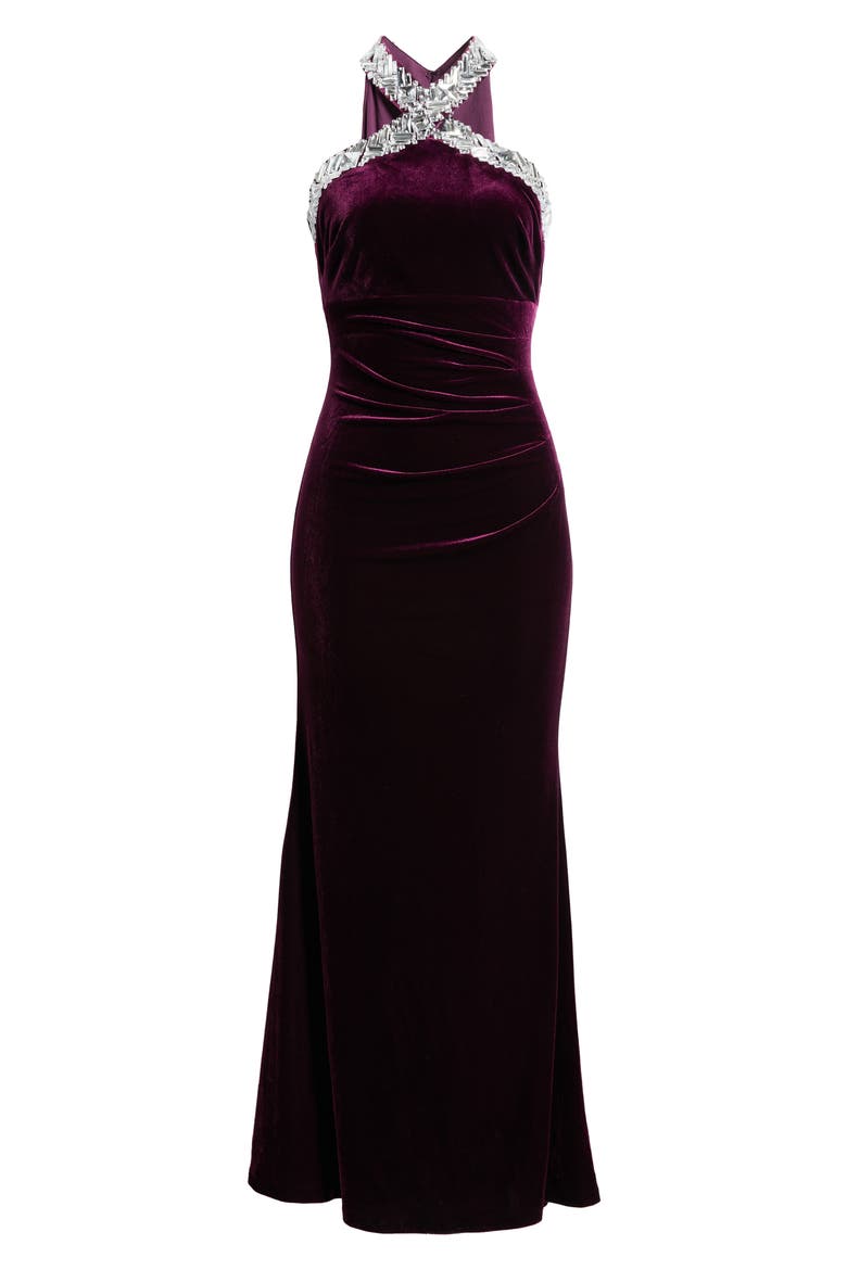 Rhinestone Detail Velvet Sheath Gown, Main, color, PLUM