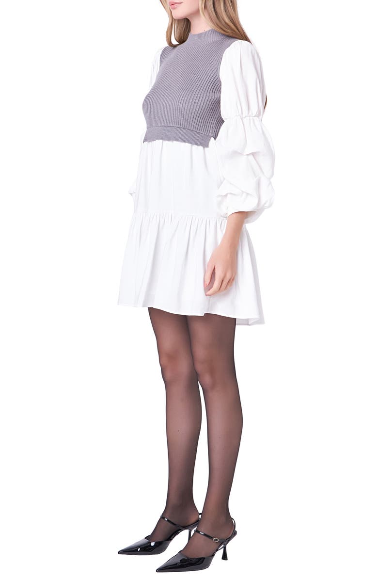 English Factory Mixed Media Long Sleeve Tiered Dress, Alternate, color, Heather Grey/White