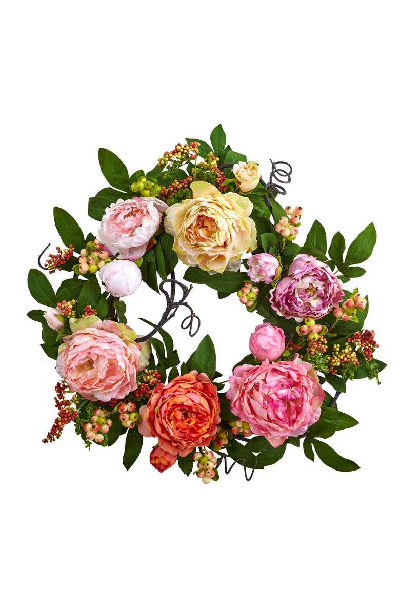 NEARLY NATURAL 20-in Mixed Peony & Berry Wreath, Main, color, Assorted