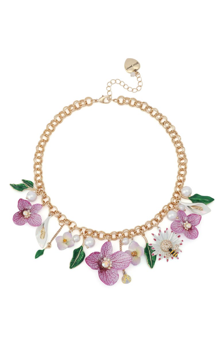 Betsey Johnson Flower Bouquet Frontal Necklace, Main, color, 