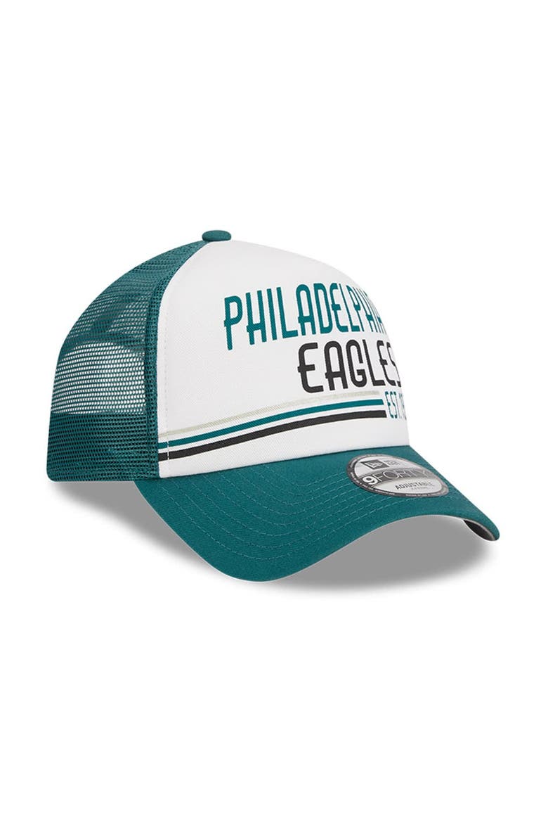 Men's New Era White/Midnight Green Philadelphia Eagles Stacked A-Frame Trucker 9FORTY Adjustable Hat, Alternate, color, White