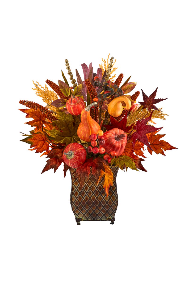 NEARLY NATURAL 21-in Pumpkin, Maple Leaf and Sorghum Harvest Artificial Arrangement in Metal Planter, Main, color, Orange