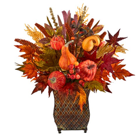 21-in Pumpkin, Maple Leaf and Sorghum Harvest Artificial Arrangement in Metal Planter