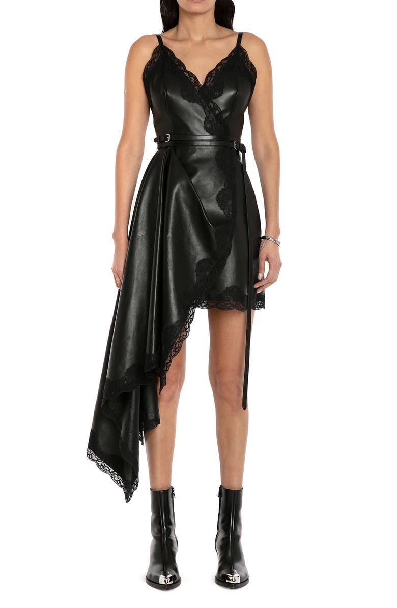 McQueen Asymmetric Leather & Lace Minidress, Main, color, 