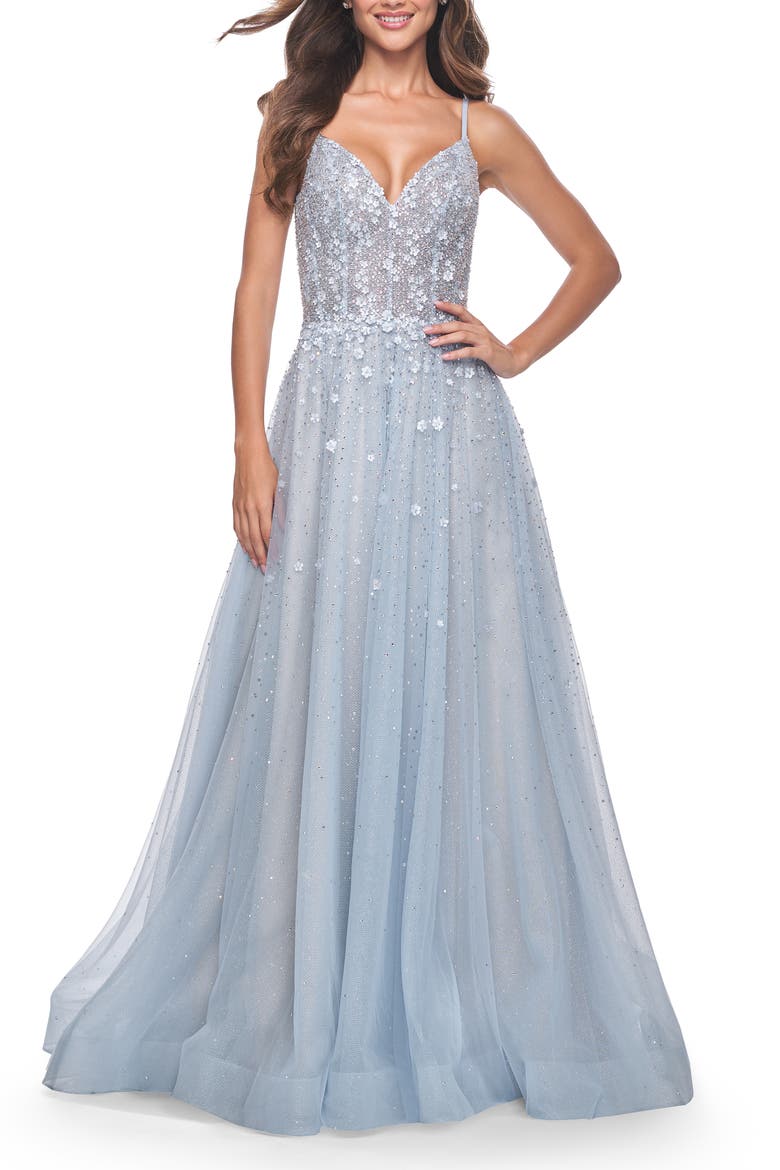 A-Line Tulle Gown with Unique Floral and Rhinestone Details, Main, color, Light Blue